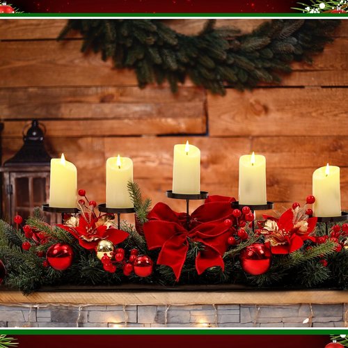 Funnymoom Christmas Tabletop Centerpiece - 30-Inch Poinsettia Candle Holder with Red Berries & Gold Accents