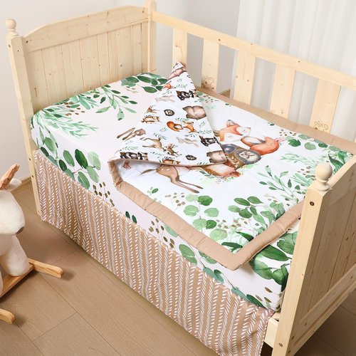 Hahafelt 3 Pcs Baby Crib Bedding Set Safari Animals Dinosaurs Bear Woodland Animals Jungle Crib Set Includes Quilt, Fitted Sheet, Skirt for Baby Boy Girl(Green,Woodland Raccoons Deer Etc.)
