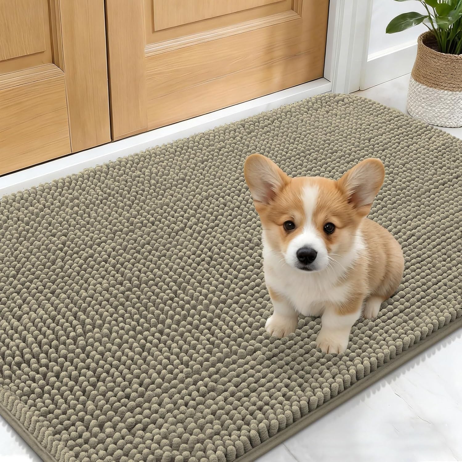 OLANLY Dog Door Mat - Absorbent Non-Slip Mud Mat for Indoor Use | 30x17 Warm Taupe, Quick Dry Chenille