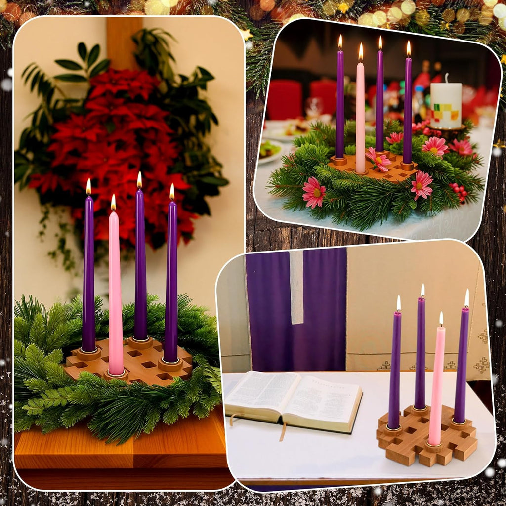 Mumufy Advent Candle Holder Set - 5 Pcs Snowflake Wooden Holders with Purple & Pink Taper Candles