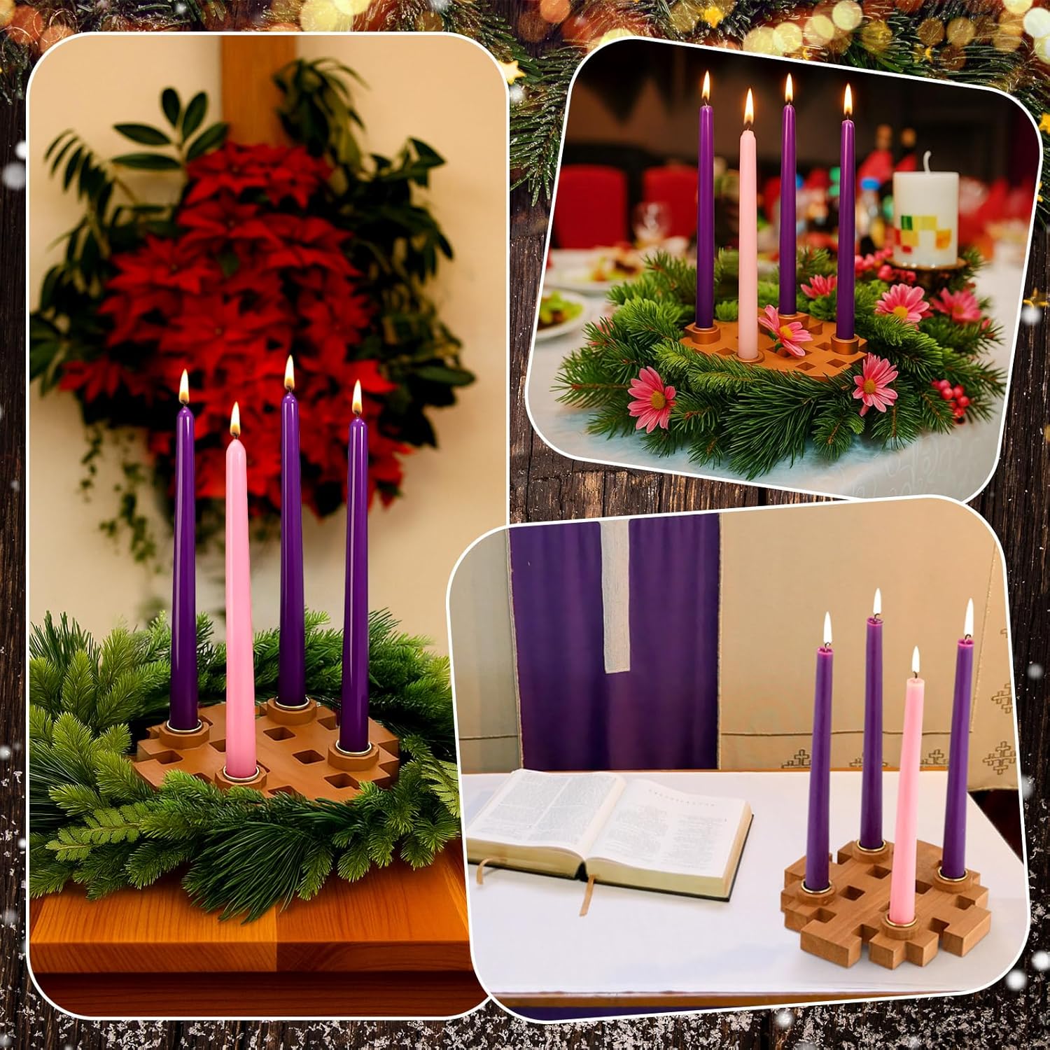 Mumufy Advent Candle Holder Set - 5 Pcs Snowflake Wooden Holders with Purple & Pink Taper Candles