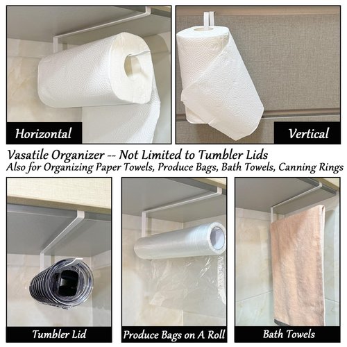 2 Pack Tumbler Lid Organizer for Yeti Tumbler & Stanley Water Bottles, Under Cabinet Cup Lid Holder, Space Saving Horizontal Storage Hook Up to 10 Mug Lids, Kitchen Paper Towel Rack Hanger, White