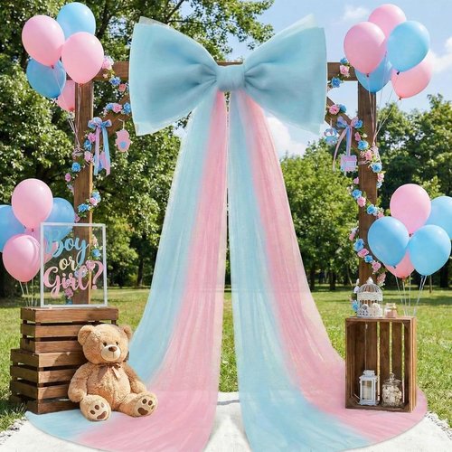 Canlierr Extra Large Pink & Blue Organza Bow Decorations - 39 x 59 Inch Tulle Bow with Long Ribbon Tails for Weddings & Parties