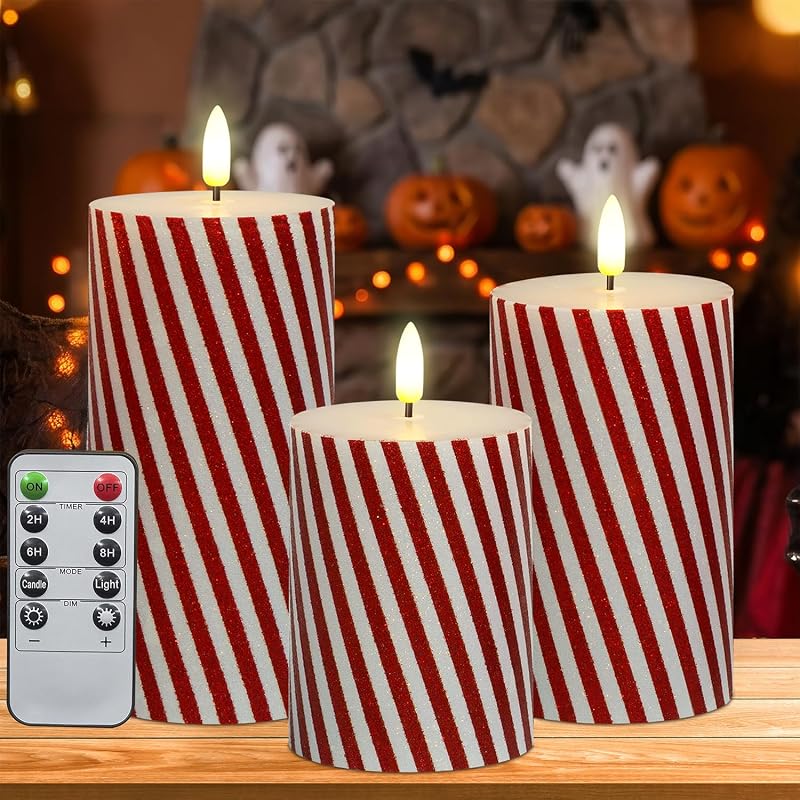 Variation of THIS listing: Christmas Flickering Red Stripes Glitter Flameless Candles, Battery Operated Pillar Real Wax LED with Remote Timer, 3-Set, Thin Red Stripes