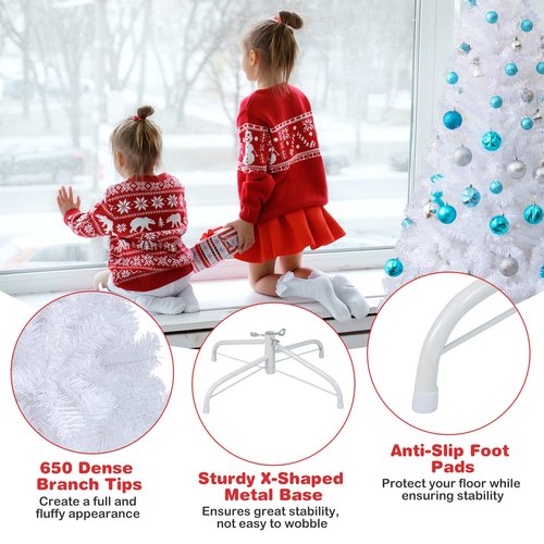 OFFICEJOY 6Ft Artificial White Christmas Tree, Pine Tree with Solid Metal Legs & Pine Needles, Ideal for Indoor & Outdoor Home, Office, Holiday Decoration