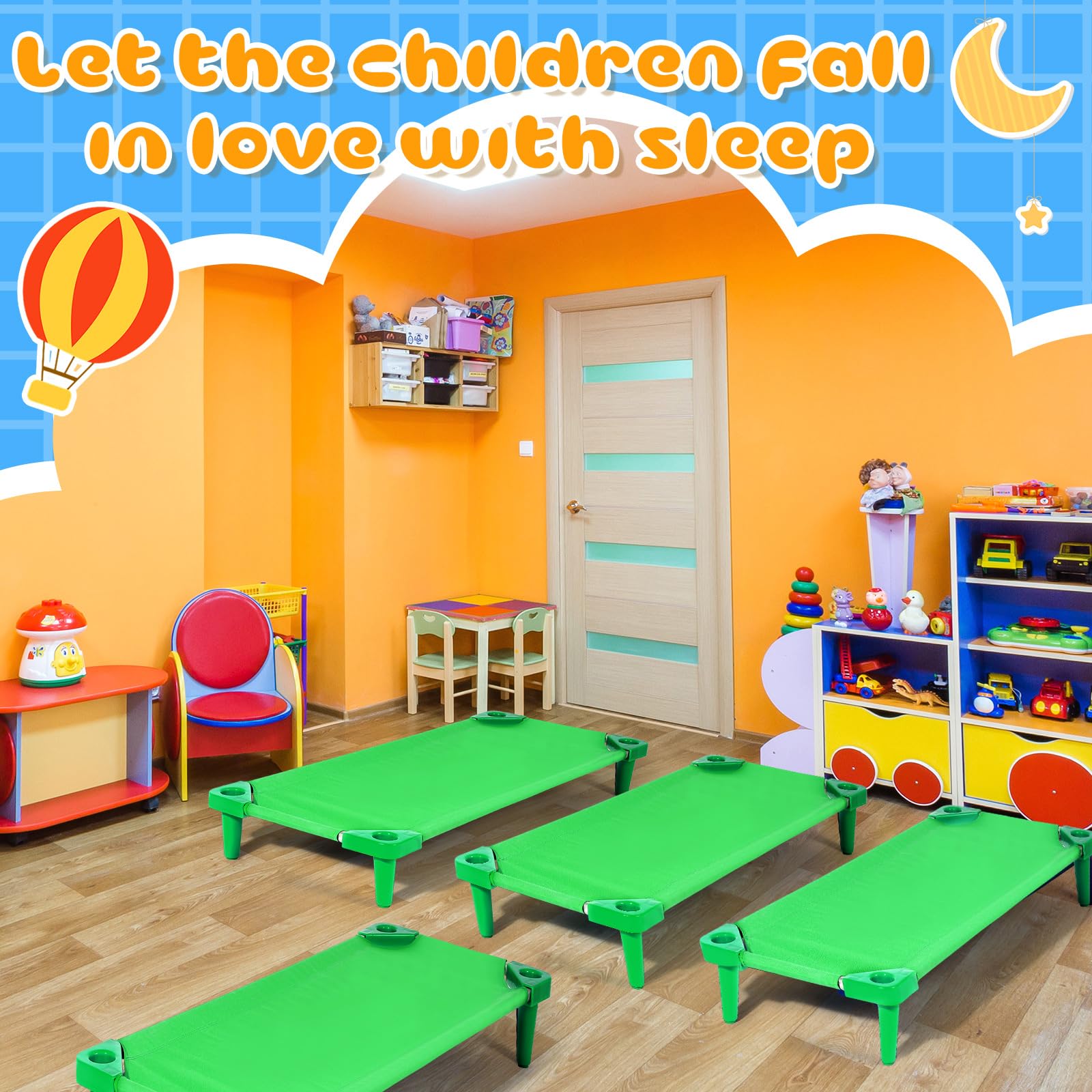 Burbell 4 Pcs Stackable Daycare Cots for Toddler 54" l x 23" W Kids Cots for Sleeping Portable Kids Bed Furniture Bed Frames Headboards Footboards for Classroom Preschool (Green)