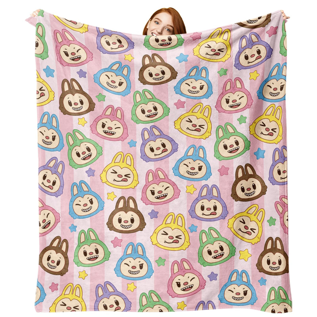 Pycat Cute Macaron Flannel Throw Blanket, Monster Stars Birthday Gifts for Men Women Adults, Stripes Soft Blankets for Bedding Sofa 50 x 60 Inches