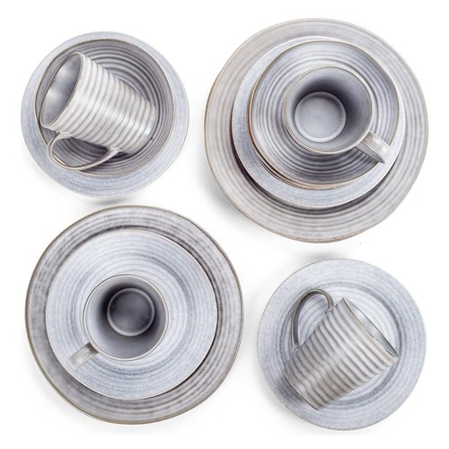 Elanze Designs Charming Chic Ribbed Modern Thrown Pottery Look Ceramic Stoneware Plate Platter Mug & Bowl Kitchen Dish Dinnerware 16 Piece Set - Service for 4, Slate Grey