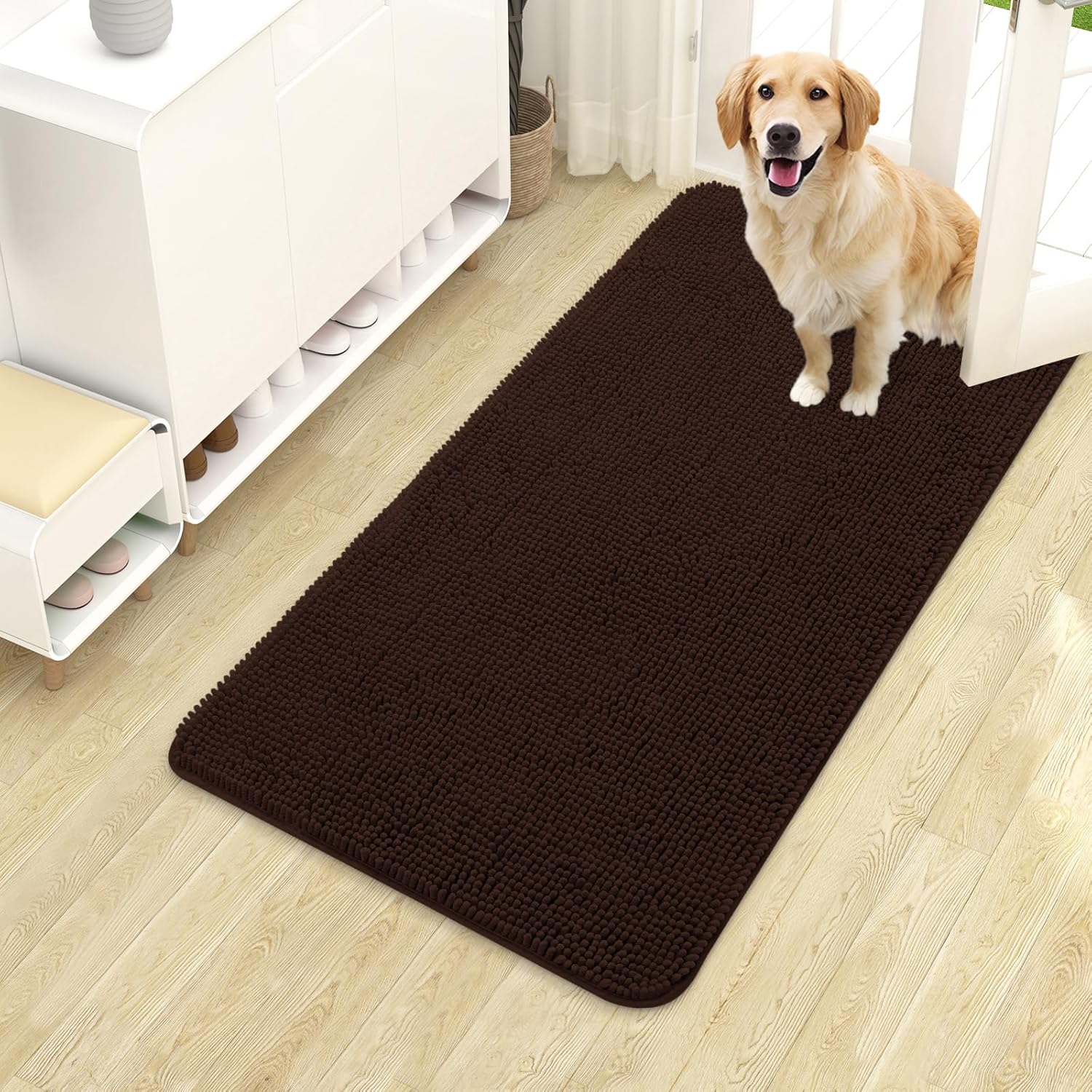 OLANLY Dog Door Mat - Absorbent Non-Slip Chenille Mat for Muddy Paws | 40x24 Inches, Brown