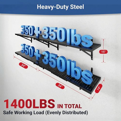 FLEXIMOUNTS Heavy-Duty Garage Shelving - 2-Pack 1x6ft Perforated Wall Shelf | 1400 lbs Load Capacity