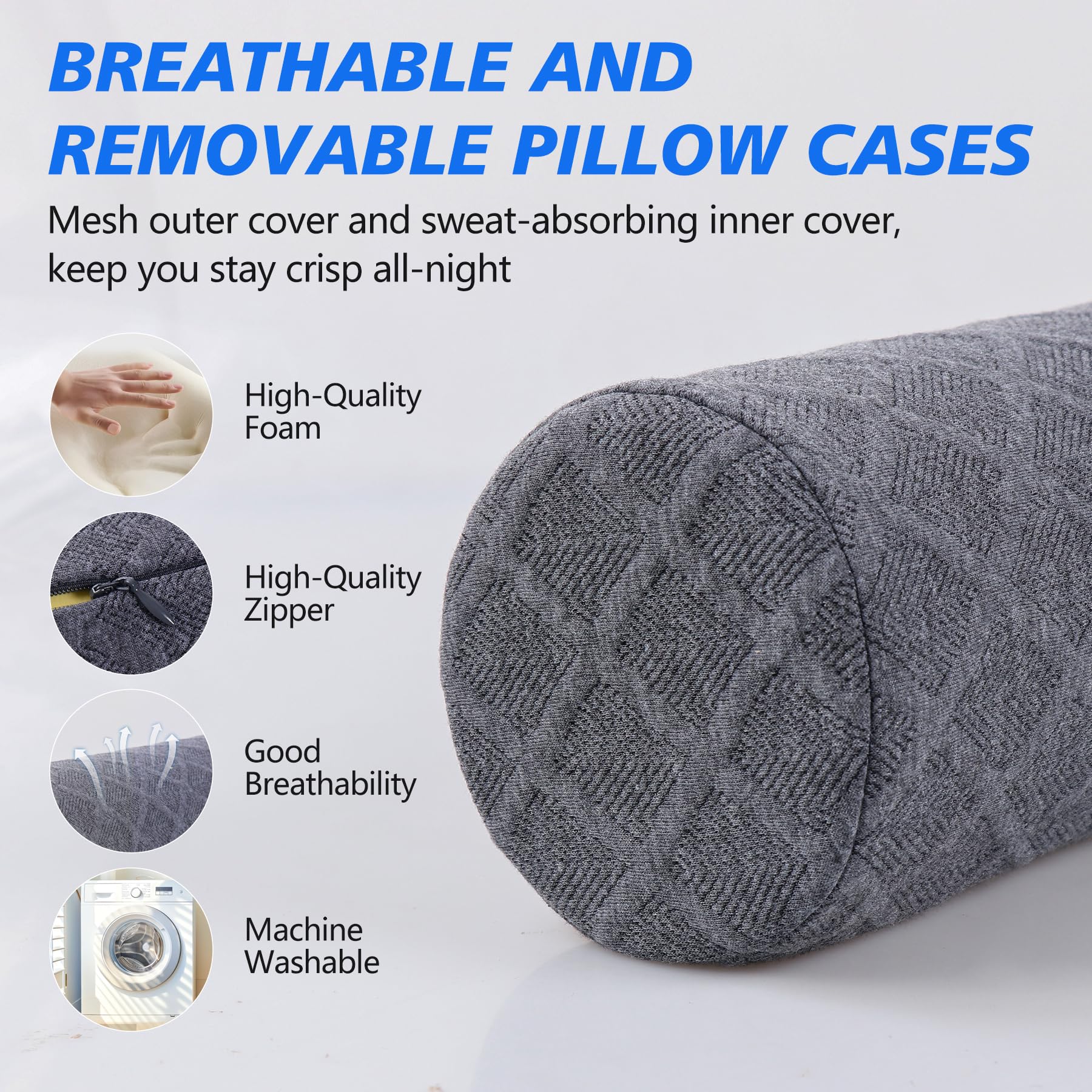 Cozyhealth 3.1" H Small Cervical Roll Pillow, Medium Soft Memory Foam Neck Round Pillow Cylinder Bolster Pillow for Sleeping, Round Neck Support for Bed, Legs, Back and Yoga (Grey, Small - 3.1" H)