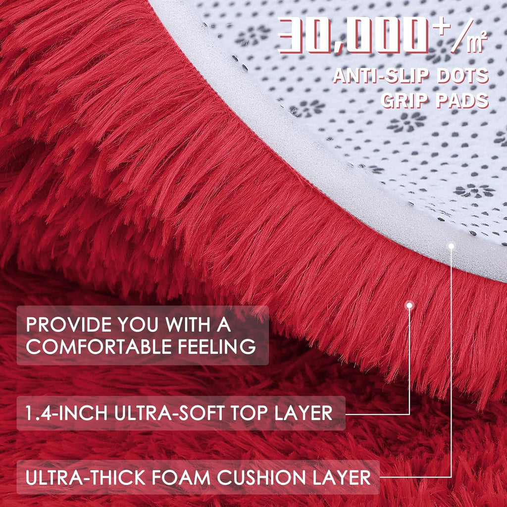 OLANLY Red Round Area Rug - Soft, Fluffy, Machine Washable 6 ft Circle Carpet for Bedroom & Living Room Decor