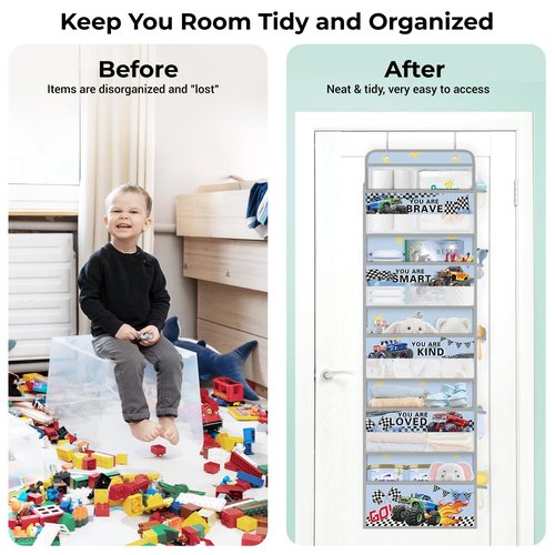 Clastyle Car Over the Door Organizer Nursery Hanging Storage Organizer for Boys Clothes Diaper Toy Closet Door Hanging Shelf Storage for Bedroom Bathroom Pantry, Off-Road Vehicle, 5-Tier