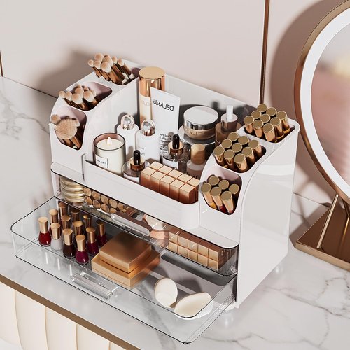 Delamu Large Makeup Organizer Countertop with 6 Brush Holders, Makeup Organizers for Vanity with 2 Large Drawers, Easy to Store Skincare, Lipsticks, Nail Polishes, Perfumes, Eyeshadow Palettes, White