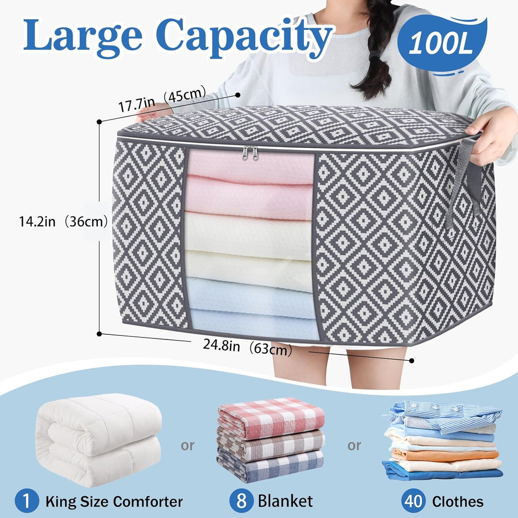 StorageTastic 100L Storage Containers - 3 Pack Foldable Bins with Reinforced Handles | Clear Window for Bedding & Clothing - Grey