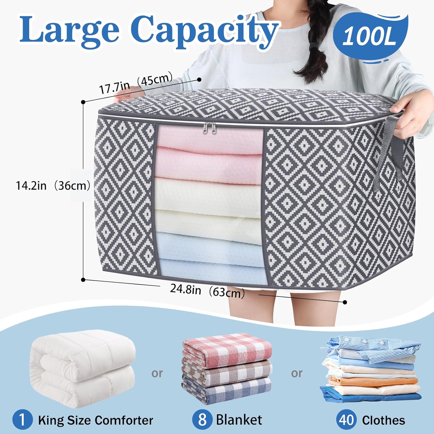 StorageTastic 100L Storage Containers - 3 Pack Foldable Bins with Reinforced Handles | Clear Window for Bedding & Clothing - Grey