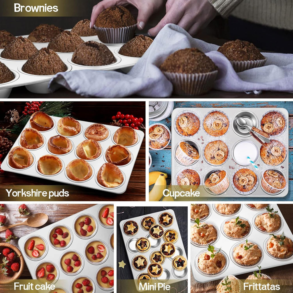 TeamFar 12-Cup Muffin Pan - Stainless Steel Cupcake Baking Tin | Non-Toxic & Dishwasher Safe