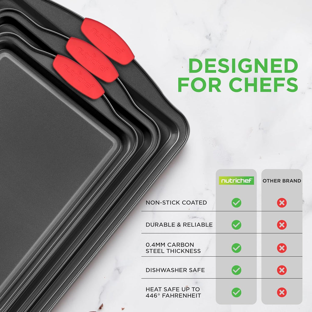 NutriChef 3-Piece Nonstick Baking Pans Set - Premium Commercial Grade Bakeware with Red Silicone Handles