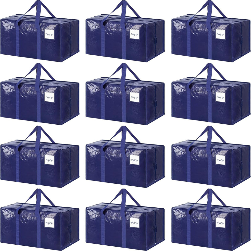 Skiennix 12 Pack Extra Heavy Duty Moving Bags - Strong Zipper & Comfortable Handles | Durable Dark Blue Storage Totes