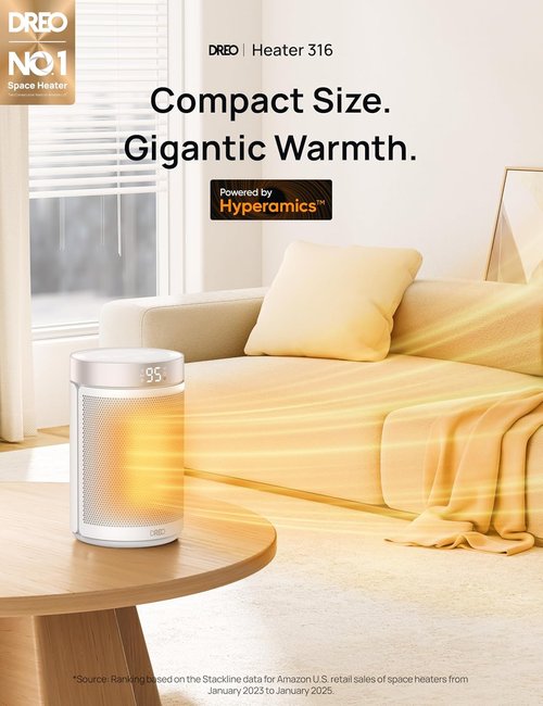 DREO Portable Electric Space Heater - 1500W PTC Ceramic with Thermostat, Remote & Digital Display | 12H Timer