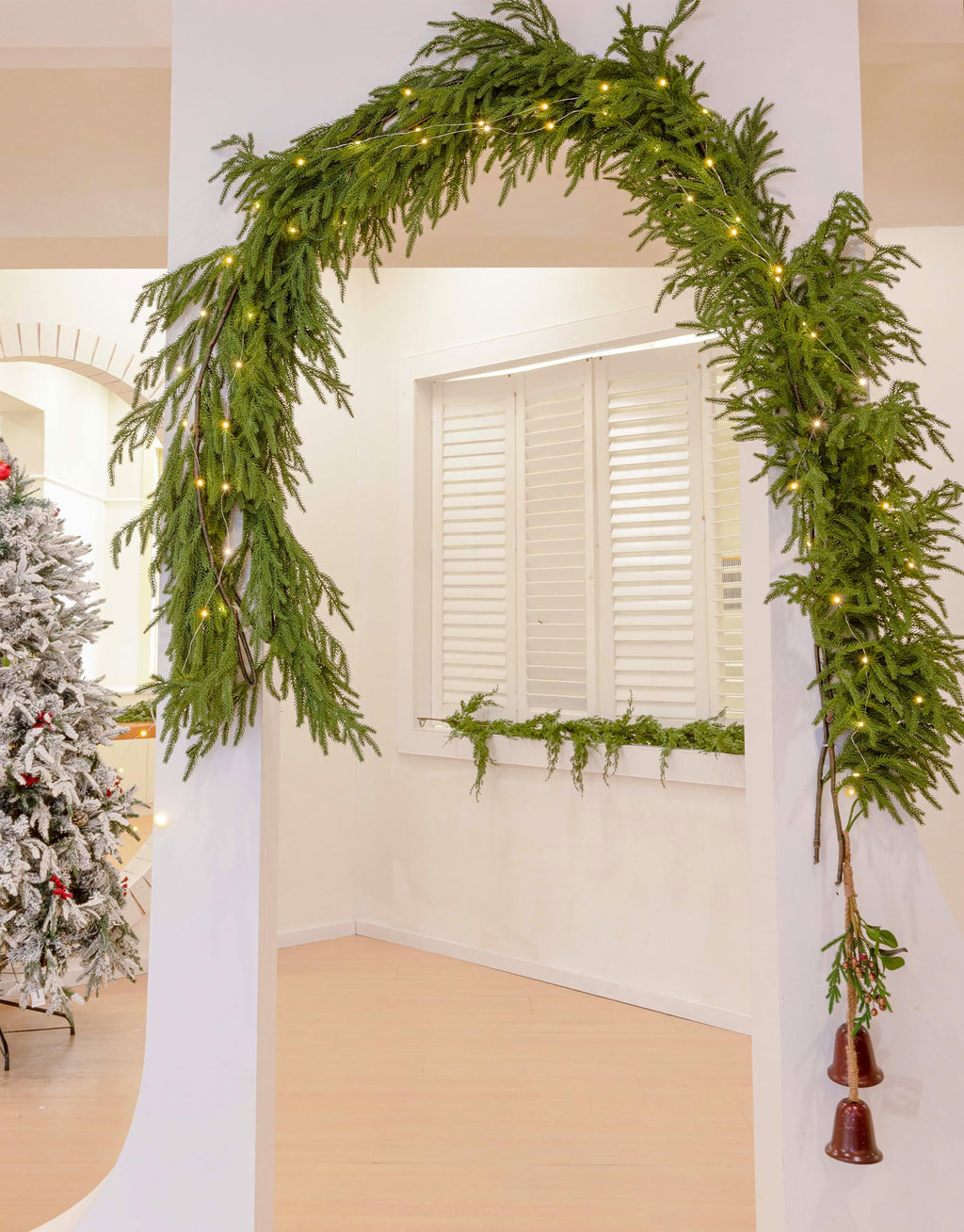 MISSPIN 9ft Christmas Garland with LED Lights, Real Touch Norfolk Pine Garland, Green Artificial Greenery Garland for Table, Mantle, String Light, Wall, Indoor, Outdoor Christmas Decorations