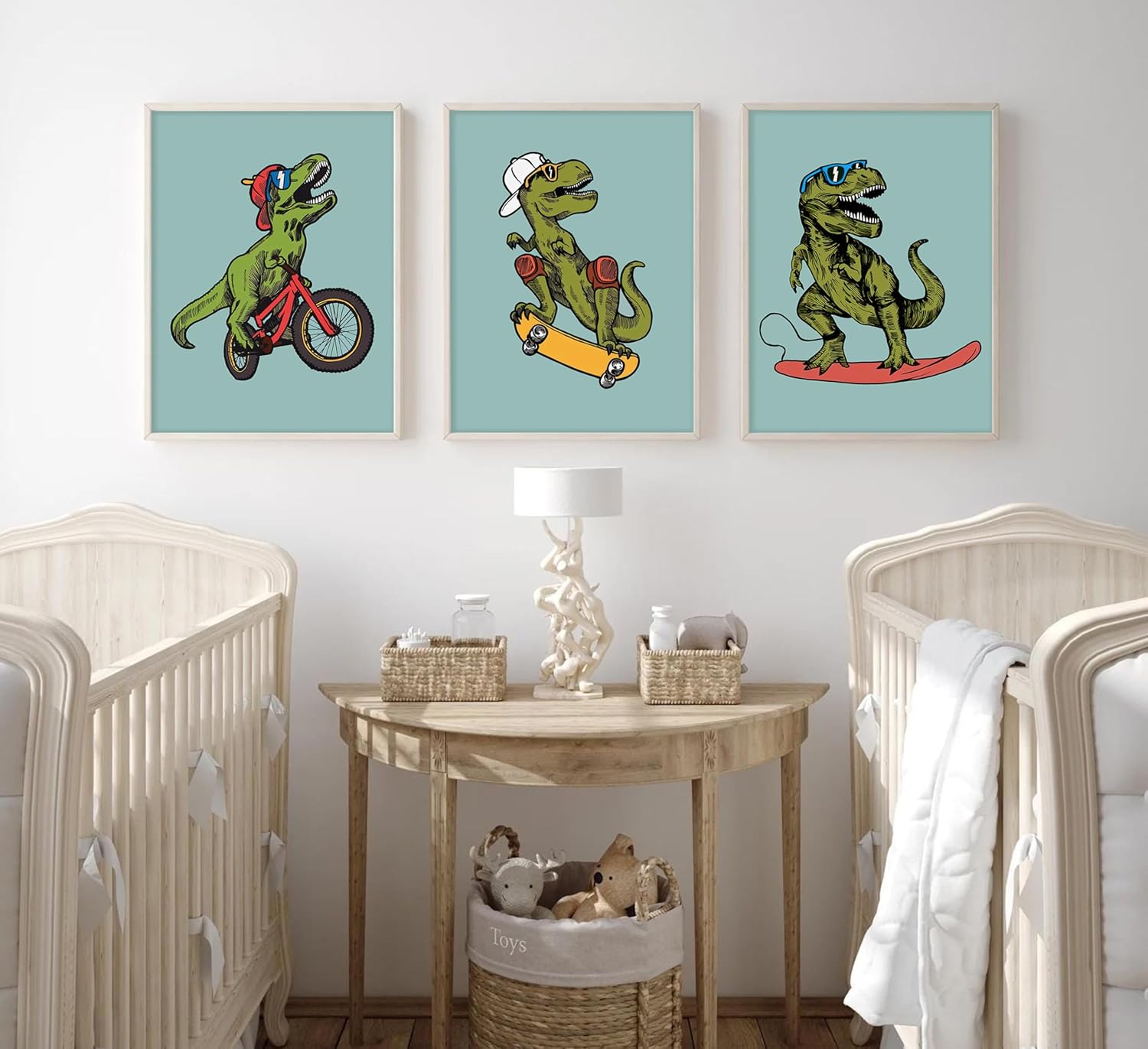 Skiennix 3pc Funny Dinosaur Nursery Canvas Wall Art - Surfing & Skateboarding Design for Boys' Room Decor