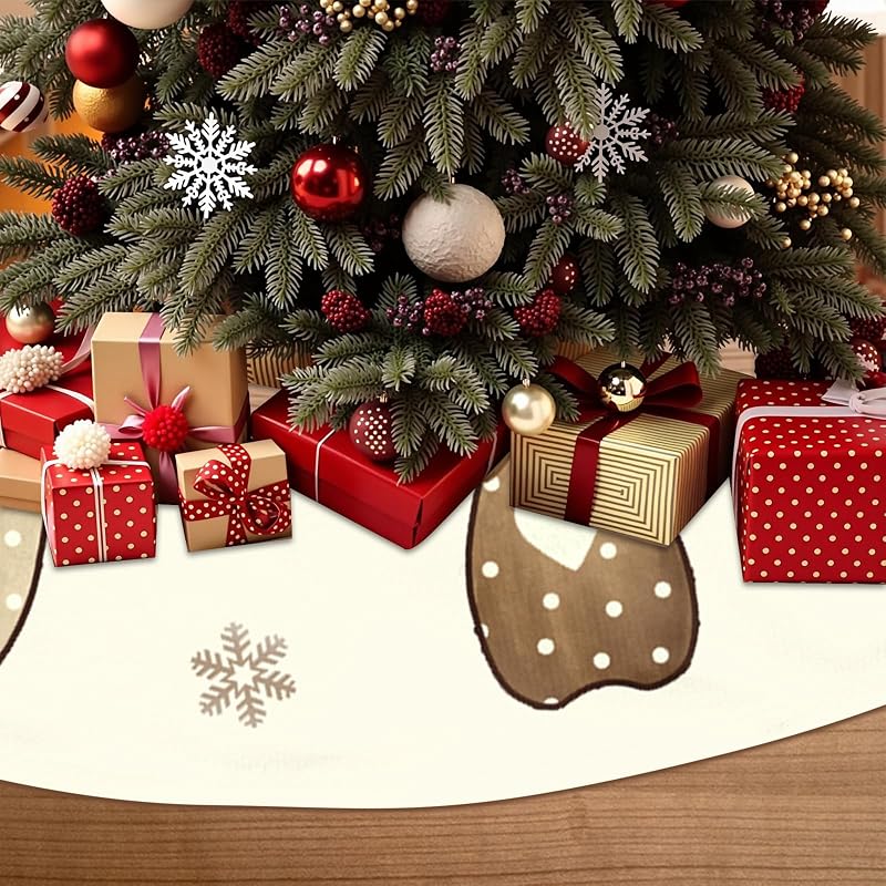 Reindeer Snowflakes Christmas Tree Skirt 36 Inch – Cream Brown Polka Dot with Heart Bow (Variation: Reindeer Snowflakes+36 Inch)