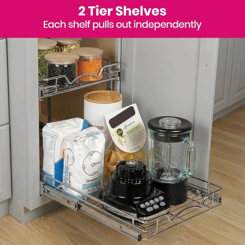 Heavy-Duty Steel 2-Tier Pull-Out Cabinet Organizer by [Brand Name] - Full-Extension Shelves, Easy Install, 14" W x 21" D x 16.5" H