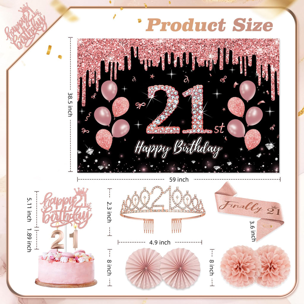 21st Birthday Decorations for Her,50Pcs PRE-STRUNG Rose Gold Black Party Set-21 Years Old Crown and Sash,Banner,Hanging Swirl,Backdrop Decor,CakeTopper,Age Candle, Balloons,Paper Fans,PRE-ASSEMBLED