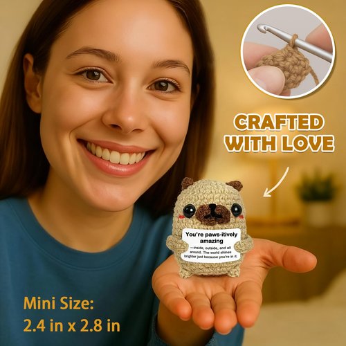 Krinisou Pug Gifts for Pug Lovers, Cute Positive Animals Crochet Dog Decor, Encouragement Inspirational Appreciation Thank You Gift for Friends, Coworkers, Women, Men