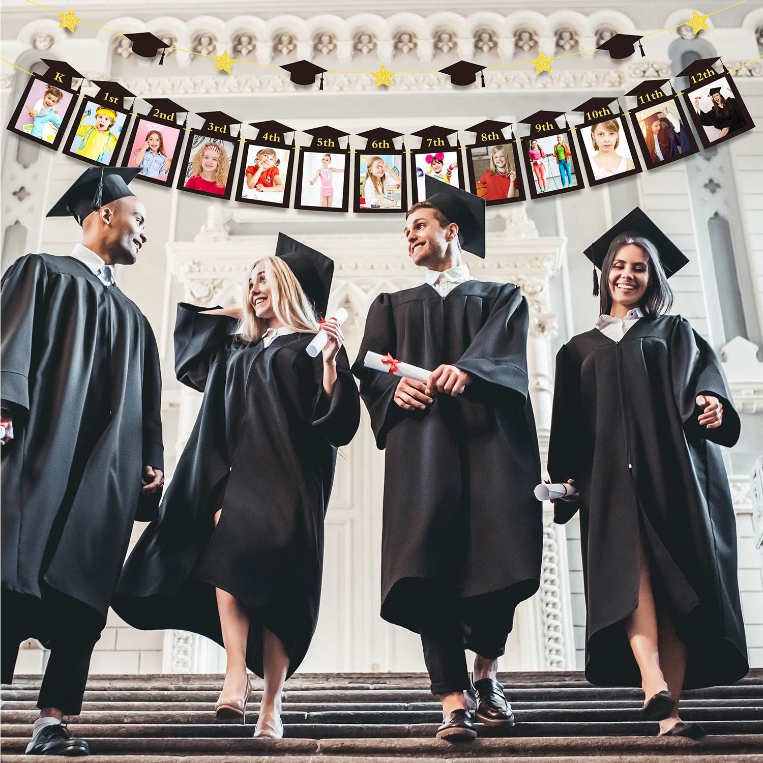 Whaline Graduation Photo Banner - No DIY Required Hanging Bunting | Black Gold Glitter, 5 x 7 Inch