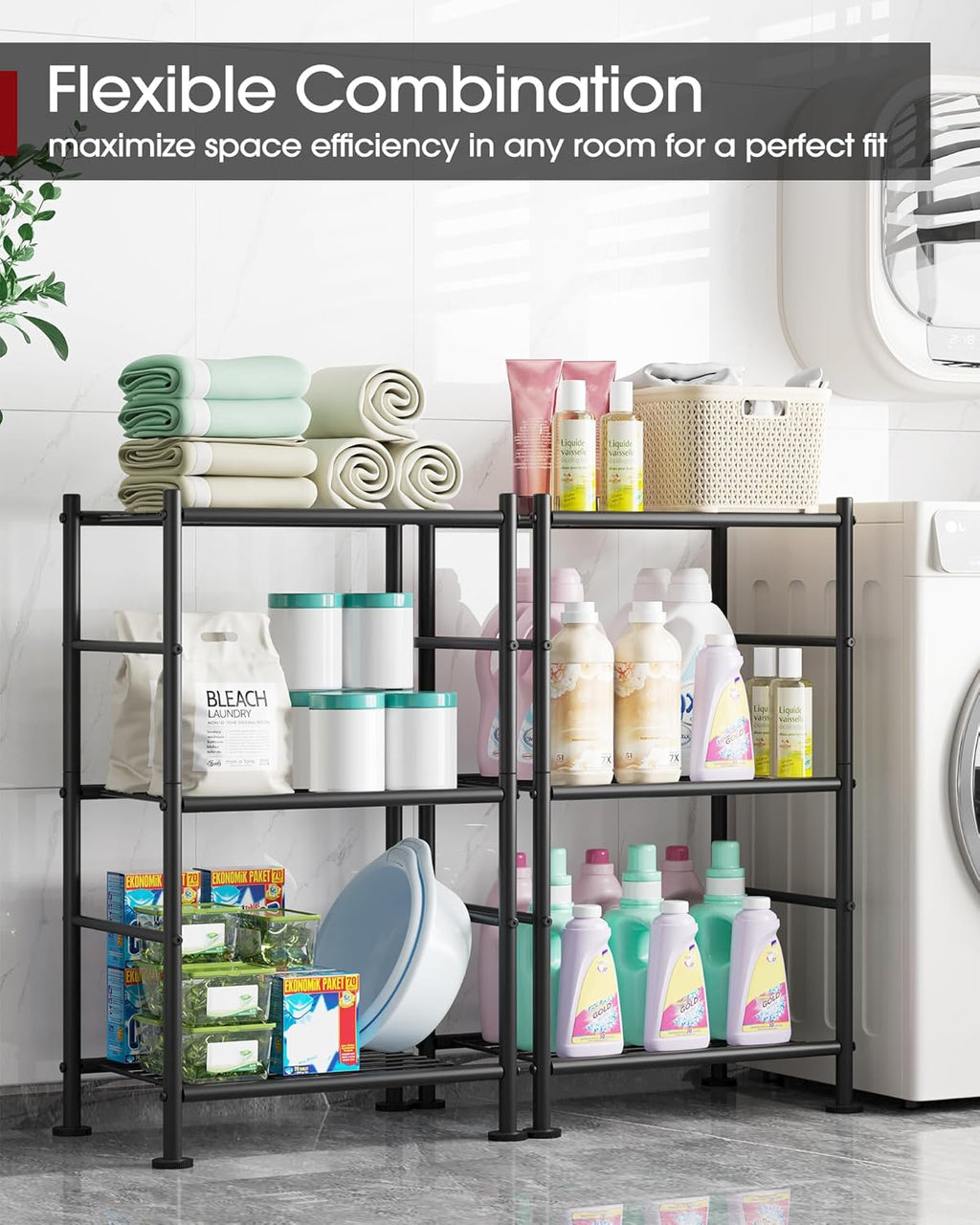 Sakugi Storage Shelves - Sturdy 3-Tier Metal Organizer with Adjustable Feet | Space-Saving for Pantry, Laundry, Kitchen (18" x 12" x 30", Black)