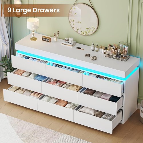 HAUOMS 9-Drawer Dresser - Modern White Chest with LED Light for Bedroom, Living Room & Entryway