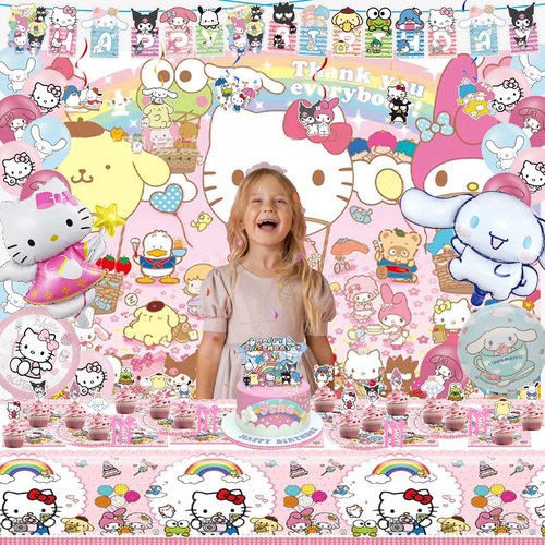Kawaii Birthday Decorations, Cute Party Favors, Party Supplies Set Include Banner, Foil Balloons, Tablecloth, Backdrop, Cake Toppers.