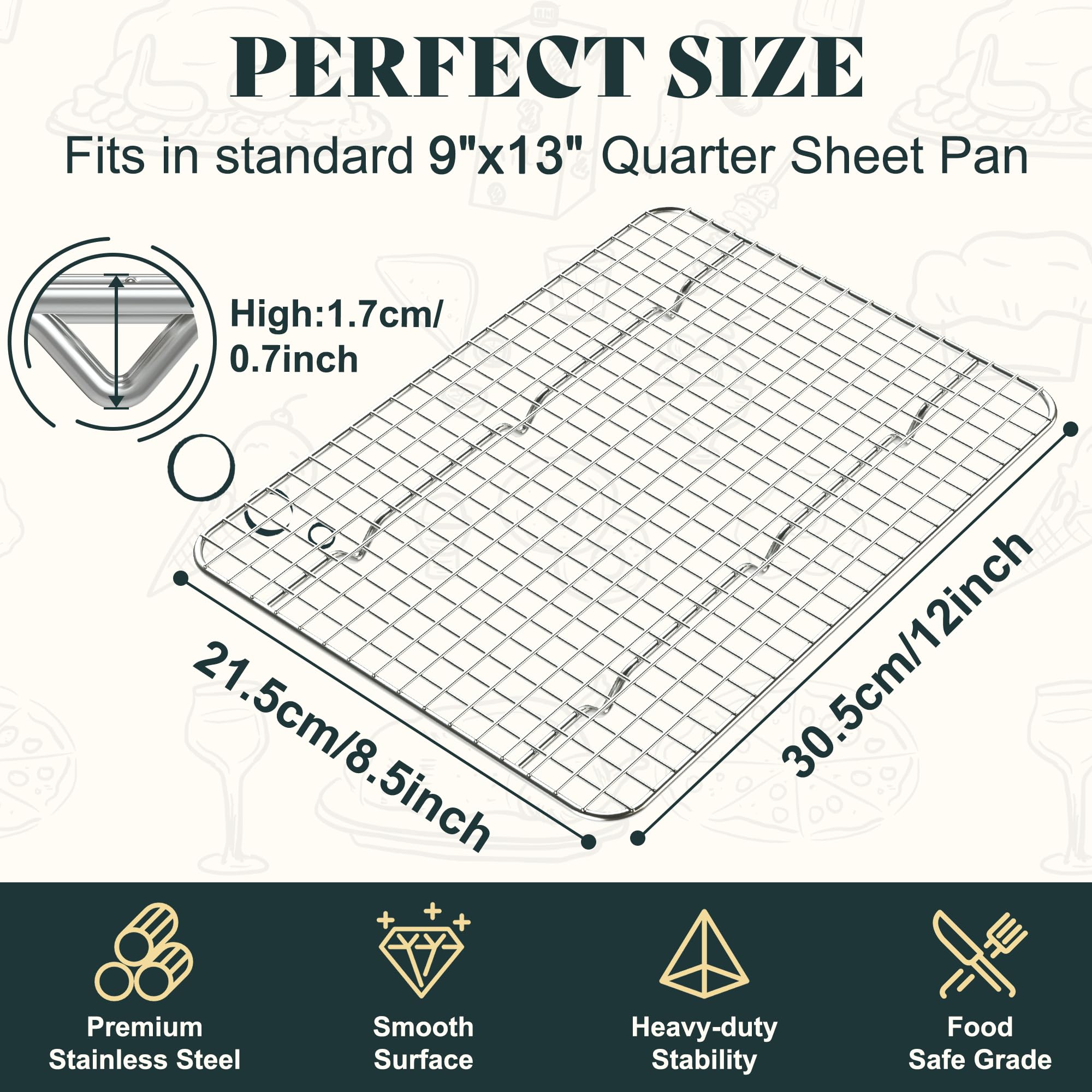 Cooling Racks for Cooking and Baking - 8.5"x12" Oven Safe Premium Stainless Steel Heavy Duty Baking Rack Tight-Wire, Fits Quarter Sheet Pan for Roasting & Grilling & Cooking - Set of 2