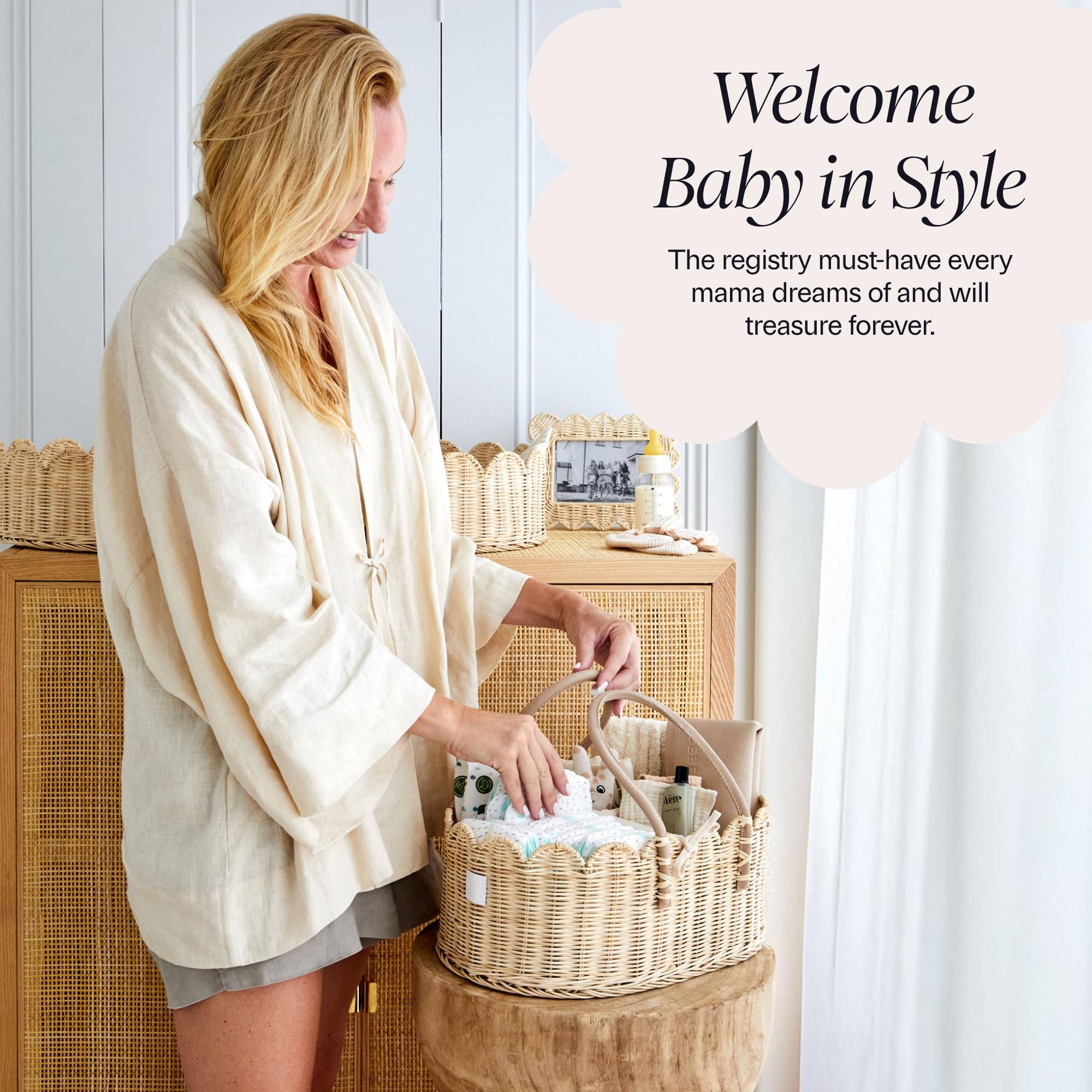 BEBE BASK Premium Baby Diaper Caddy Organizer - Handmade & Award-Winning Scalloped Rattan Basket - Luxury Diaper Caddy Basket - Elegant Scalloped Edge (Natural)