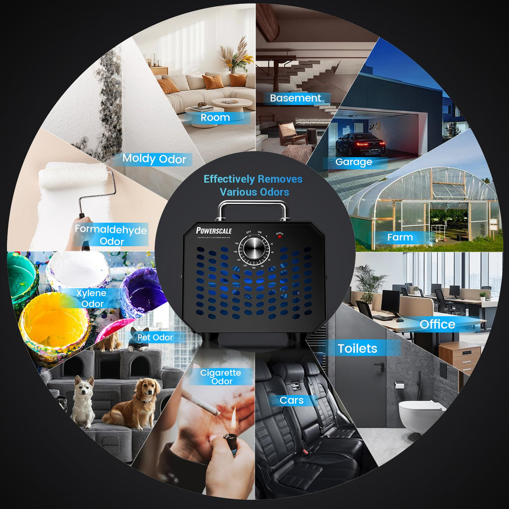 Powerscale Ozone Generator 60,000 mg/h, Compact, 10s Safety Evacuation, Precision Electronic Control, O3 Odor Eliminator for Home, Car, Pet Smell, and Basement up to 2600 Sq.Ft - OZA1, Black
