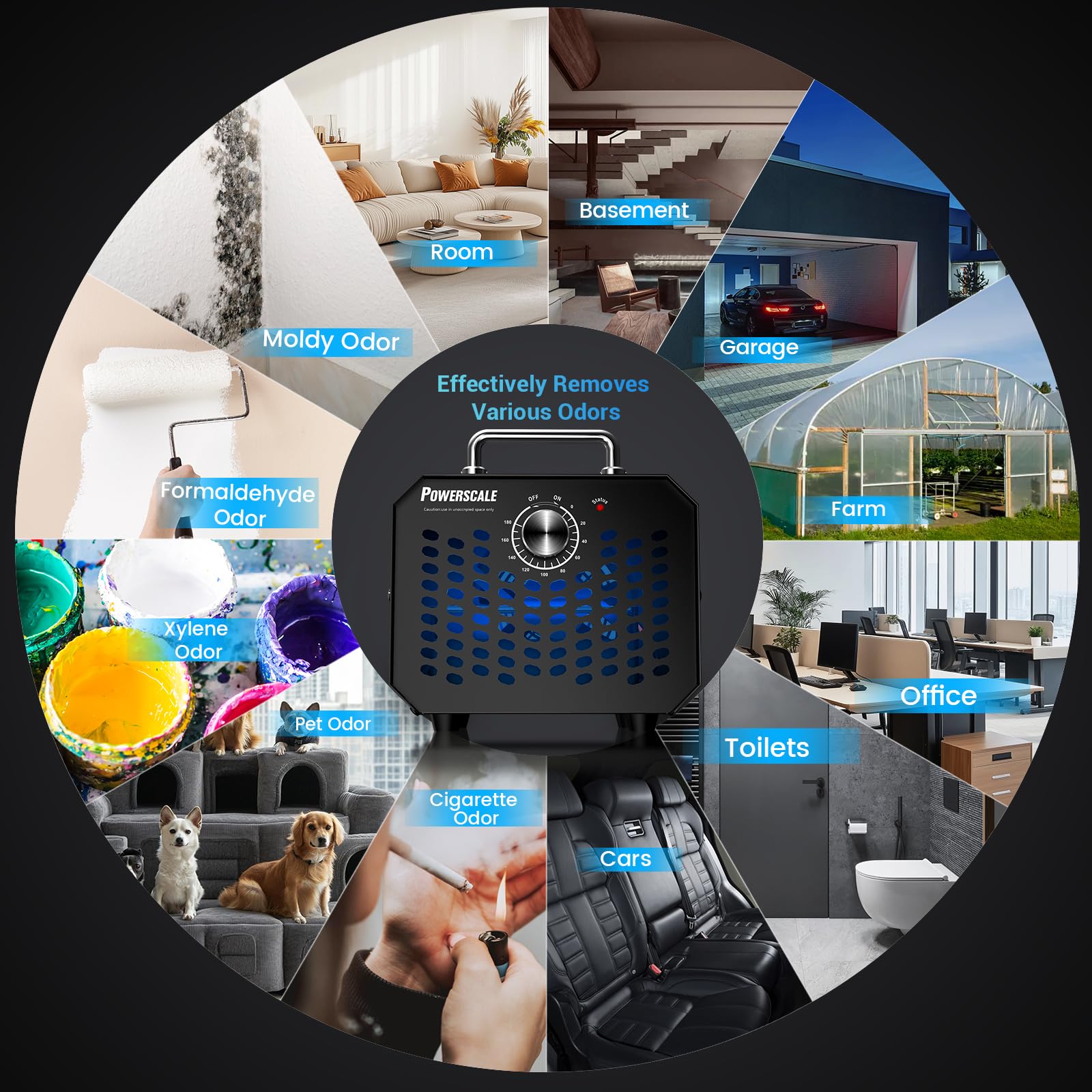 Powerscale Ozone Generator 60,000 mg/h, Compact, 10s Safety Evacuation, Precision Electronic Control, O3 Odor Eliminator for Home, Car, Pet Smell, and Basement up to 2600 Sq.Ft - OZA1, Black