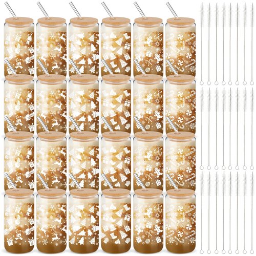 Acellegic 24 Set Holiday Christmas Glass Cups Gift 16Oz Winter Drink Glasses with Lid Straw Santa Iced Coffee Glass Tumbler Gift for Holiday New Year Women Coworker Employee Appreciation (White)