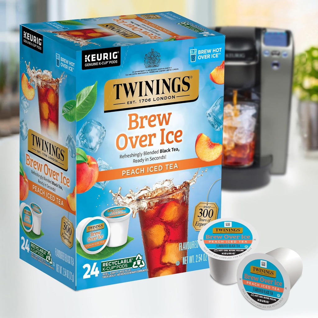 Twinings Brew Over Ice Peach Black Iced Tea K-Cup Pods - Unsweetened, Caffeinated, 24 Count