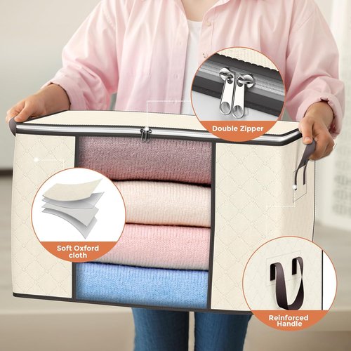 90L Large Storage Bags by [Brand Name] - Foldable Closet Organizers with Reinforced Handles | Beige, 4 Pack for Clothes, Blankets, and Toys
