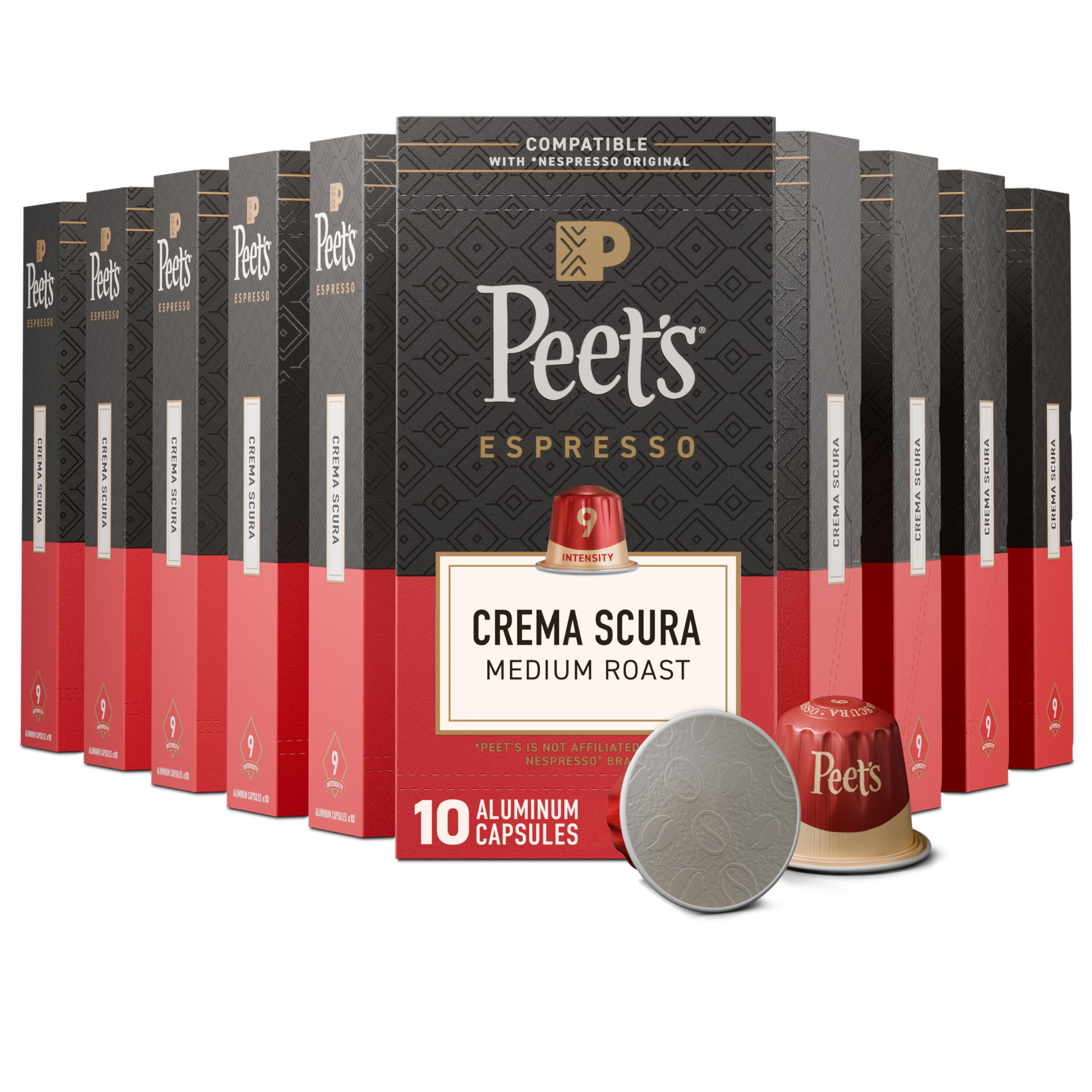 Peet's Coffee, Medium Roast Espresso Capsules, Compatible with Nespresso Original Machine, 100% Arabica Coffee - Crema Scura Intensity 9, 100 Count (10 Boxes of 10 Espresso Capsules)