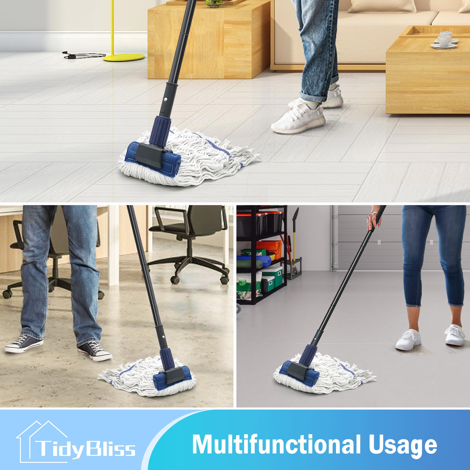TidyBliss Commercial Mop Heavy Duty, 57.5 inches Long Handle Large Looped-End Industrial String Mop, Professional Dry Wet Cotton Mop for Cleaning Concrete Tile Hardwood Floor Shop Office Garage