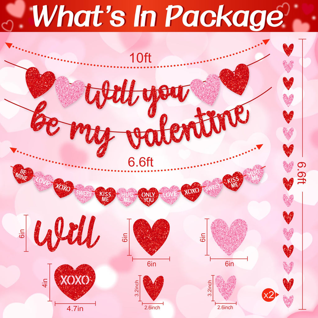 Valentines Day Decorations, No DIY Glitter Red Pink Will You Be My Valentine Banner Hollowed Conversation Heart Banner Heart Garlands String for Valentines Home Mantle Wall Office Decor Supplies