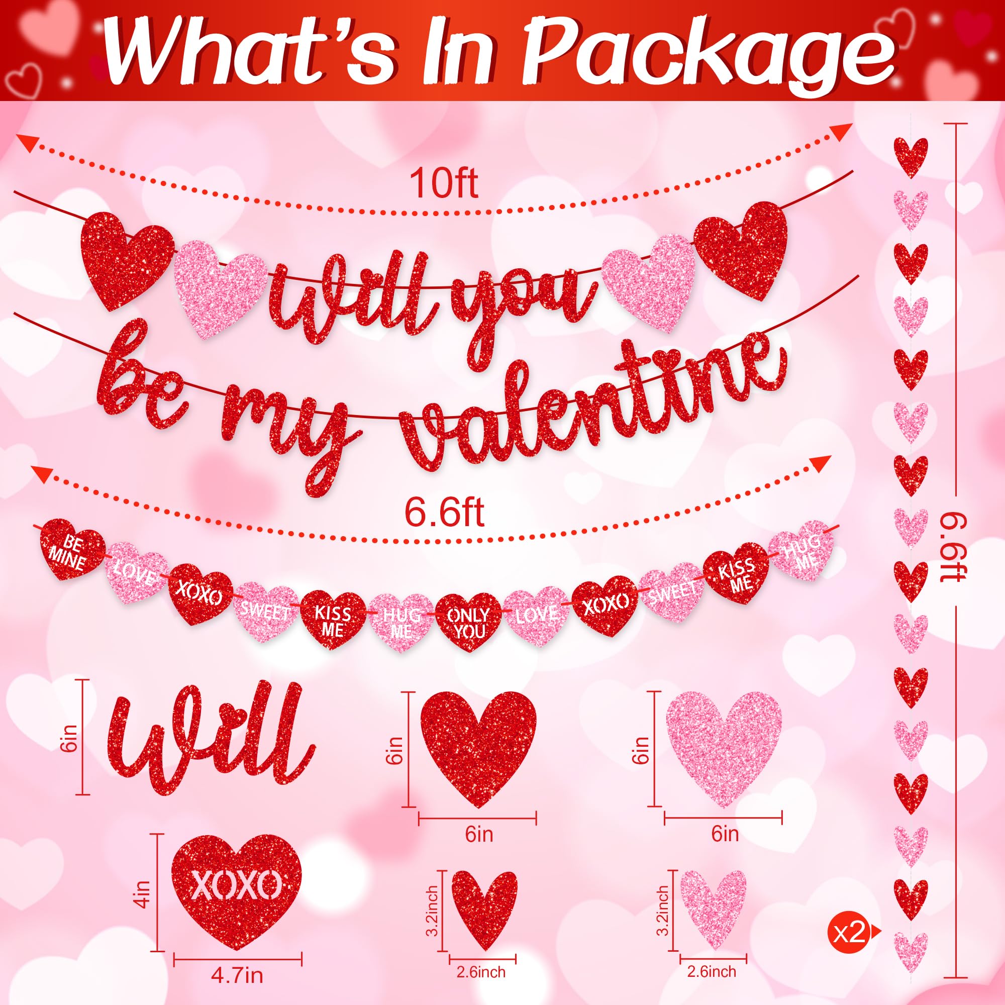 Valentines Day Decorations, No DIY Glitter Red Pink Will You Be My Valentine Banner Hollowed Conversation Heart Banner Heart Garlands String for Valentines Home Mantle Wall Office Decor Supplies