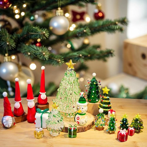 HDCRYSTALGIFTS Mini Blown Glass Christmas Figurines - Set of 4 Collectible Ornaments for Holiday Decor