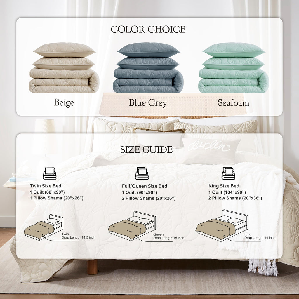 WDCOZY Coastal Beach Queen Size Quilt Bedding Sets, Seafoam Green Nautical Tropical Ocean Bedspread, Scallop Seashell Soft Coverlet, Lightweight Summer Thin Comforter for All Season