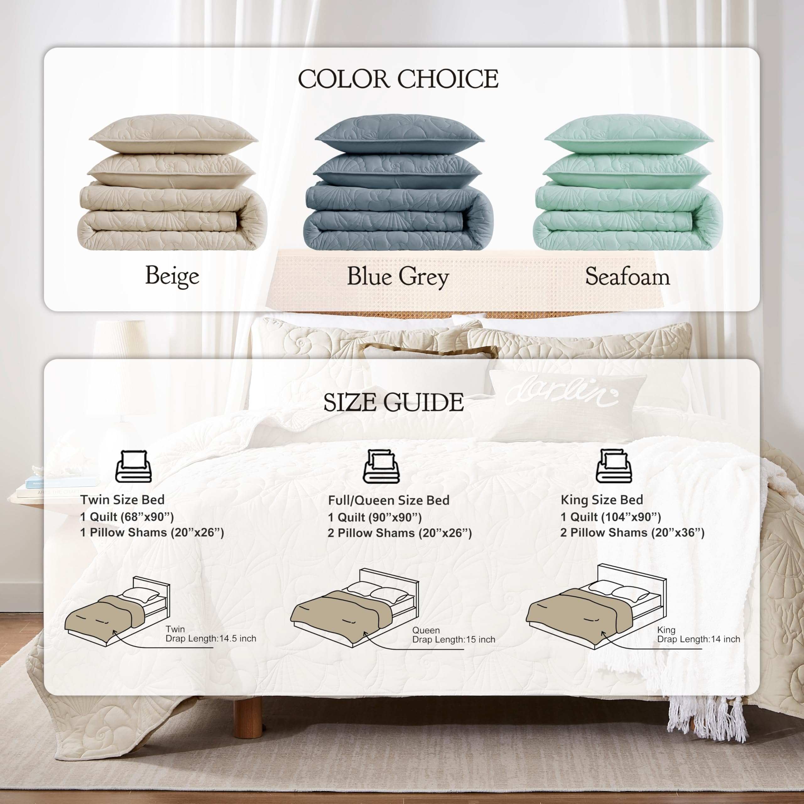 WDCOZY Coastal Beach Queen Size Quilt Bedding Sets, Seafoam Green Nautical Tropical Ocean Bedspread, Scallop Seashell Soft Coverlet, Lightweight Summer Thin Comforter for All Season