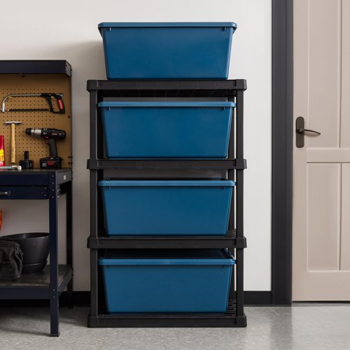 IRIS USA 91 Qt Stackable Plastic Storage Bins with Lids, 4 Pack - BPA-Free, Eco-Friendly, Discreet Organizing Solution, Latches, Durable Nestable Containers, Secure Pull Handle, Made in USA - Navy