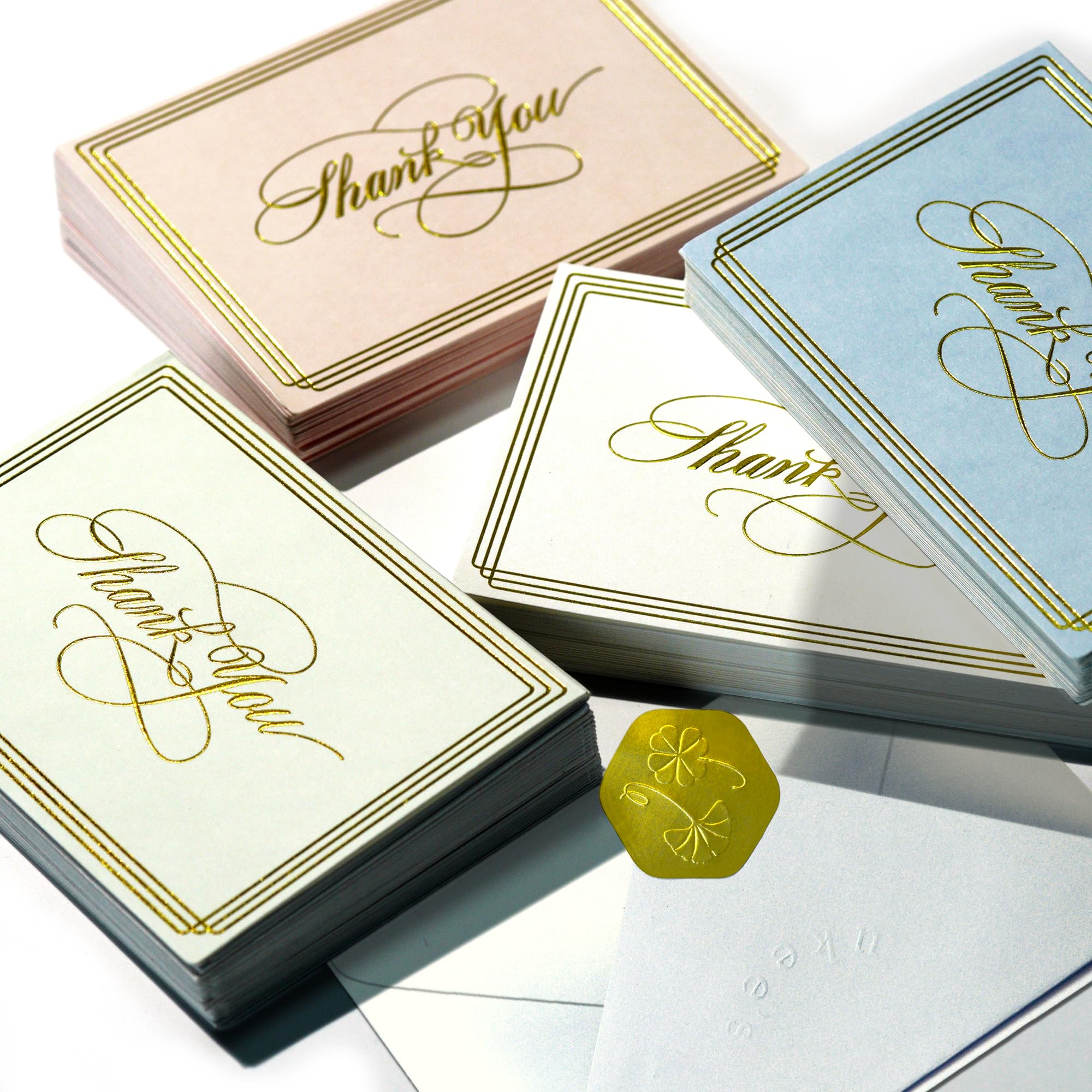 ukee's Thank You Cards with Envelopes 100-Pack, Blank Inside 4-Color Embossed Gold Foil Script Thank You Notes with Matching Stickers, for Small Business Graduation Wedding Baby Shower Funeral, 3.5"x 5"